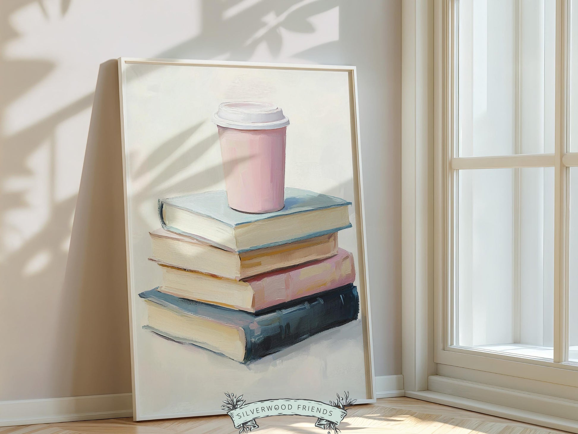 Pastel Coffee Book Poster, Coffee Bar Sign, Pastel Book Nook Library Wall Art Print, Pink Girly Dorm Room Bookish Wall Decor Digital Print