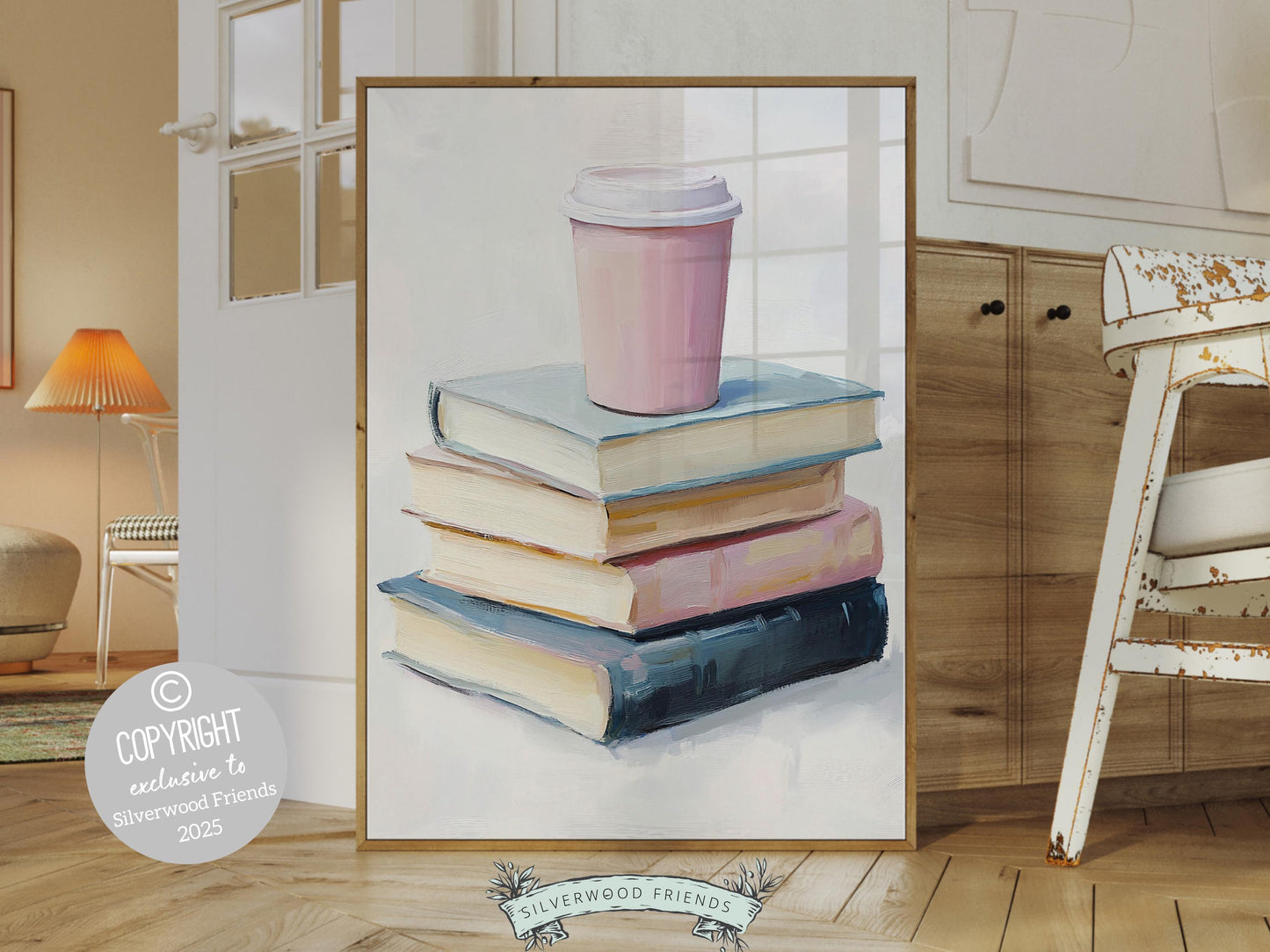 Pastel Coffee Book Poster, Coffee Bar Sign, Pastel Book Nook Library Wall Art Print, Pink Girly Dorm Room Bookish Wall Decor Digital Print