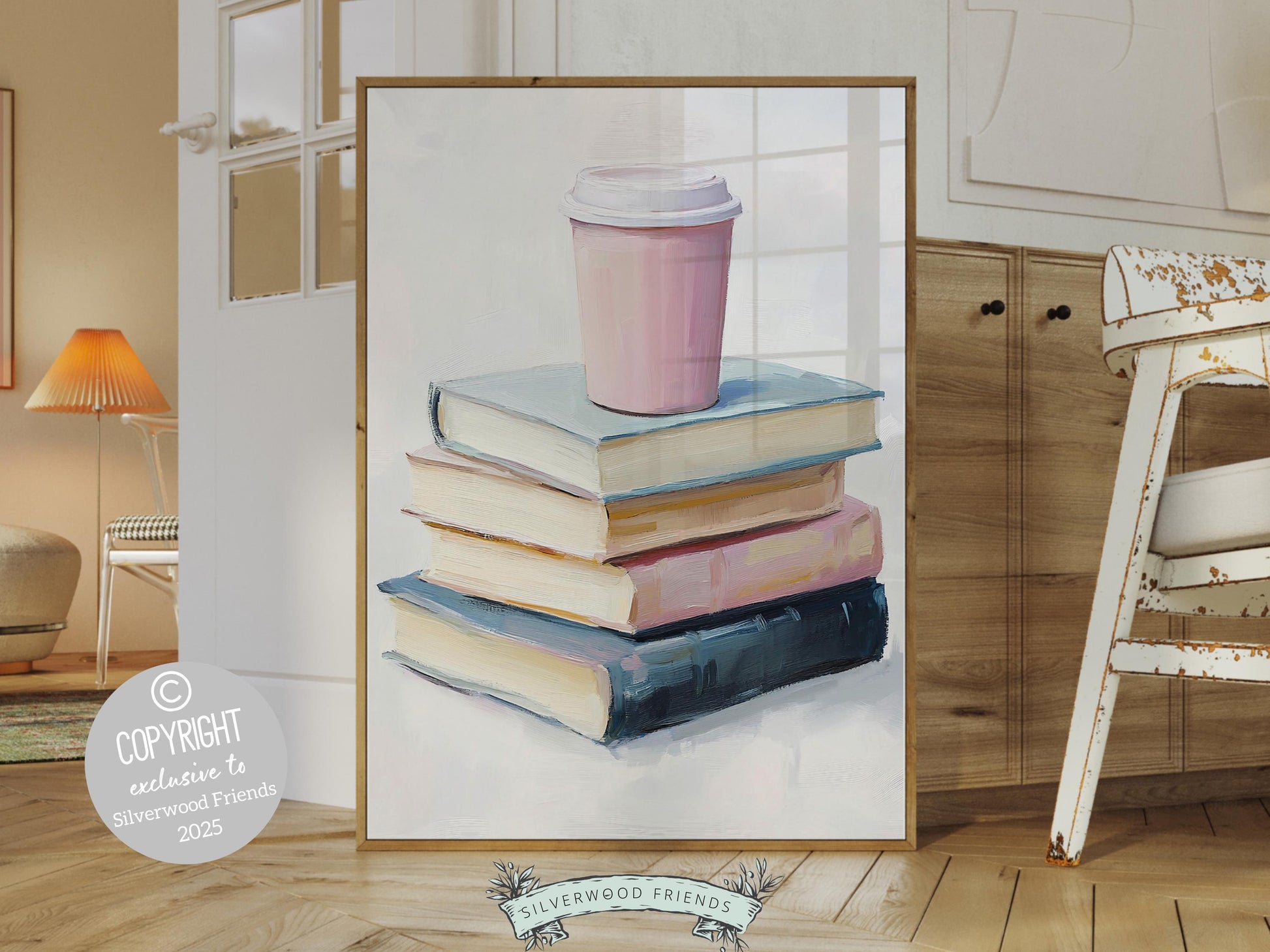 Pastel Coffee Book Poster, Coffee Bar Sign, Pastel Book Nook Library Wall Art Print, Pink Girly Dorm Room Bookish Wall Decor Digital Print