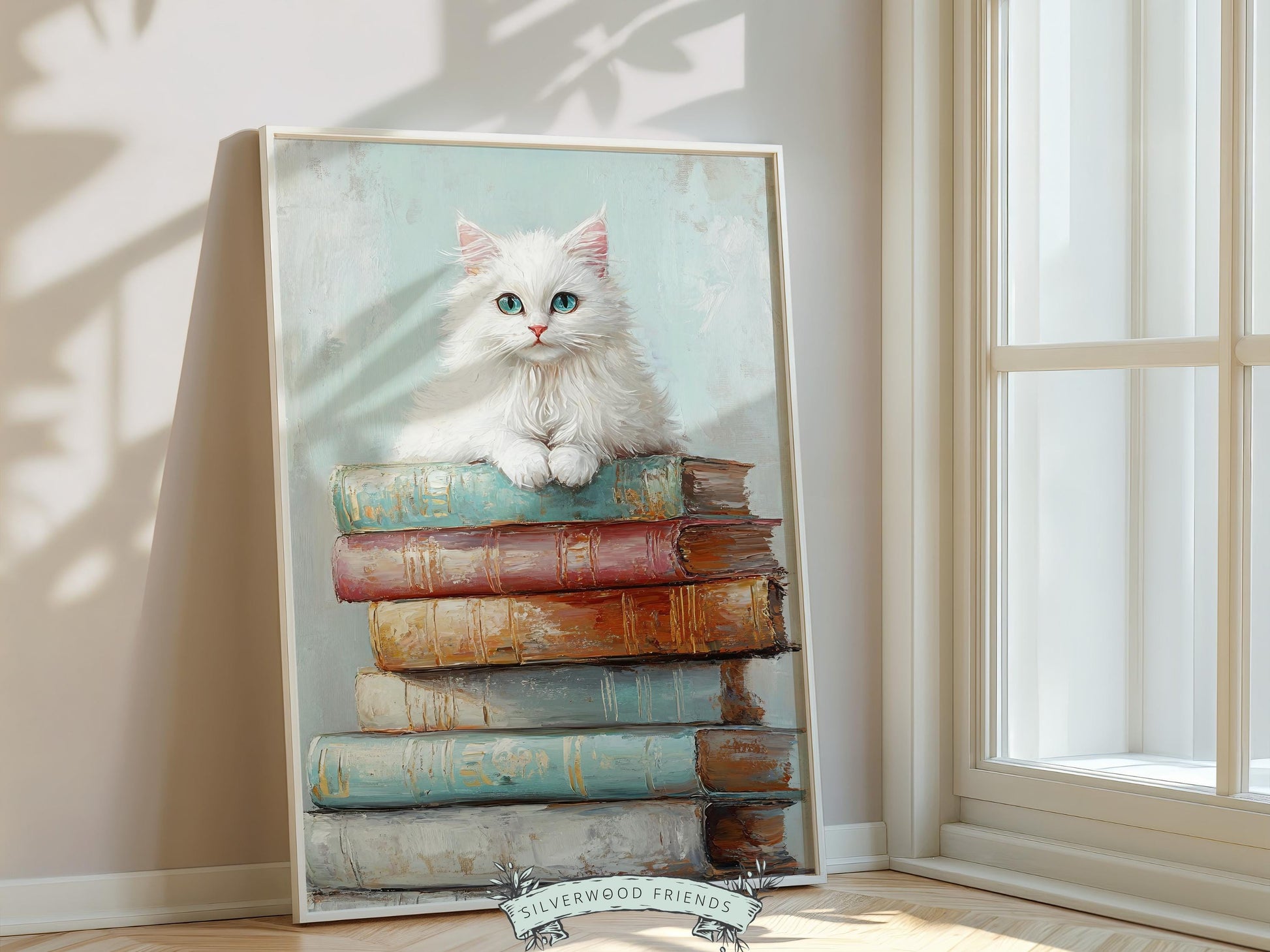 Pastel Cat Book Poster, Cat Painting Print, Pastel Book Nook Library Wall Art Print, Pink Girly Dorm Room Bookish Wall Decor Digital Print