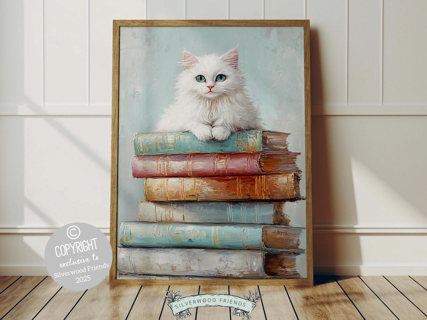 Dreamy oil painting-style print of stack of pastel-colored books and white cat. Perfect for book lovers and cat lovers alike, its an ideal choice for decorating your reading nook or dorm and makes an Instagram-worthy gift for your friends!