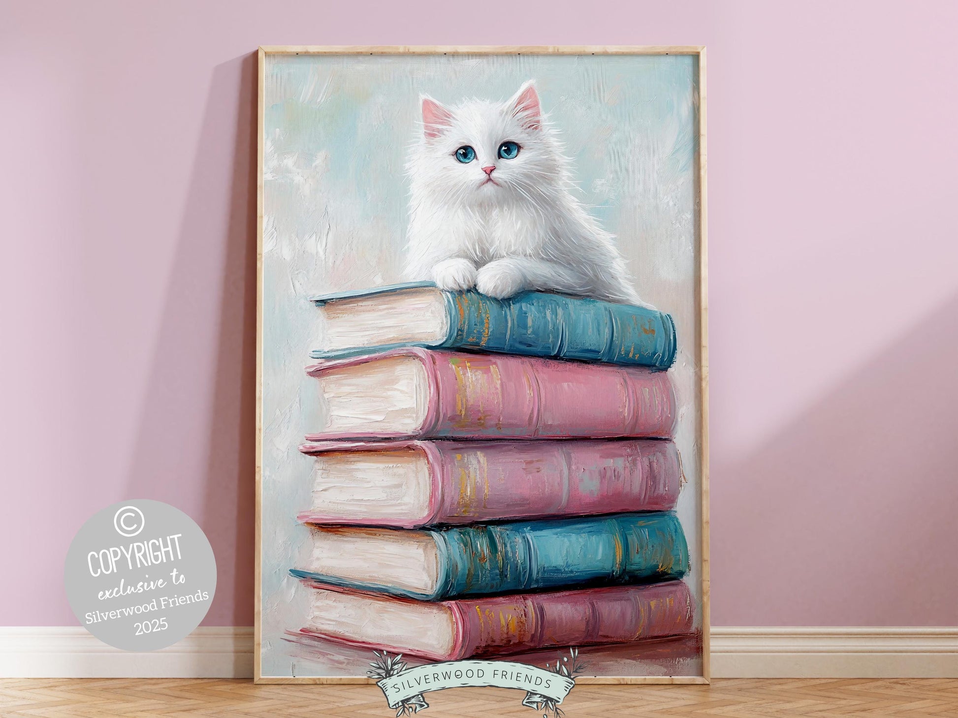 Pastel Cat Book Poster, Cat Painting Print, Pastel Book Nook Library Wall Art Print, Pink Girly Dorm Room Bookish Wall Decor Digital Print