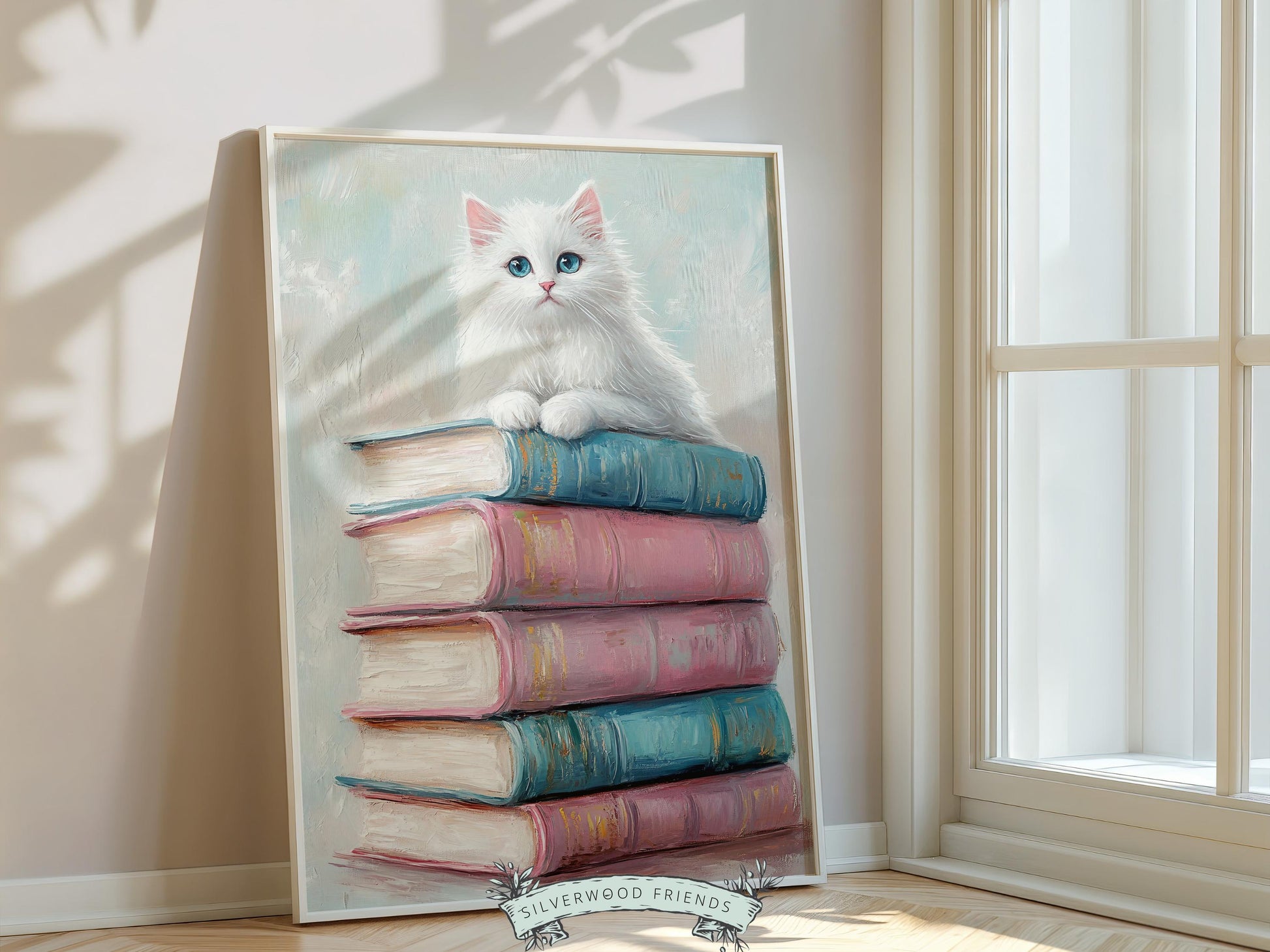 Pastel Cat Book Poster, Cat Painting Print, Pastel Book Nook Library Wall Art Print, Pink Girly Dorm Room Bookish Wall Decor Digital Print