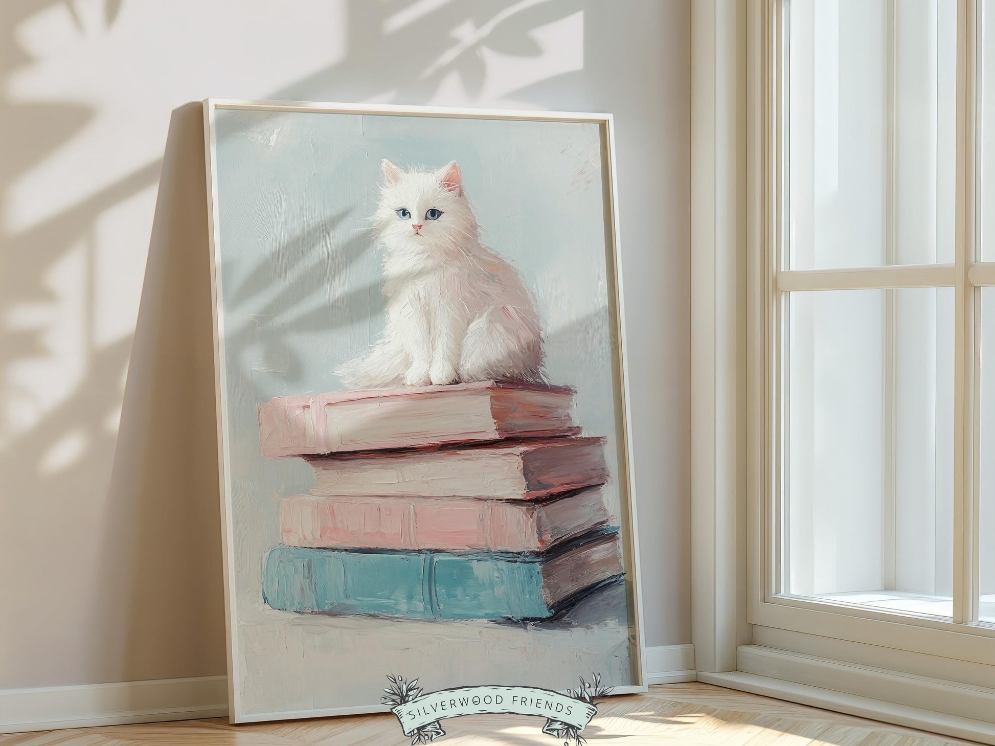 Pastel Cat Book Poster, Cat Painting Print, Pastel Book Nook Library Wall Art Print, Pink Girly Dorm Room Bookish Cat Decor Digital Print