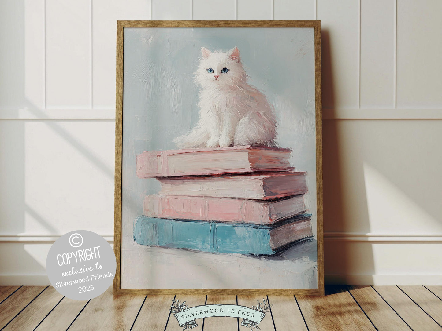Trendy pastel print, featuring a dreamy oil painting-style stack of pastel-colored books and white cat. Perfect for book lovers and cat lovers alike, it’s an ideal choice for decorating your reading nook or dorm