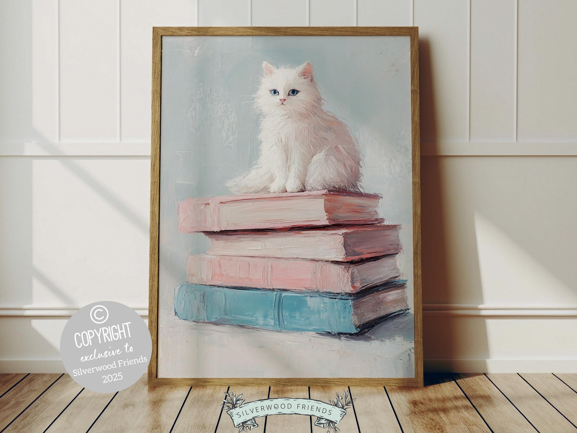 Trendy pastel print, featuring a dreamy oil painting-style stack of pastel-colored books and white cat. Perfect for book lovers and cat lovers alike, it’s an ideal choice for decorating your reading nook or dorm