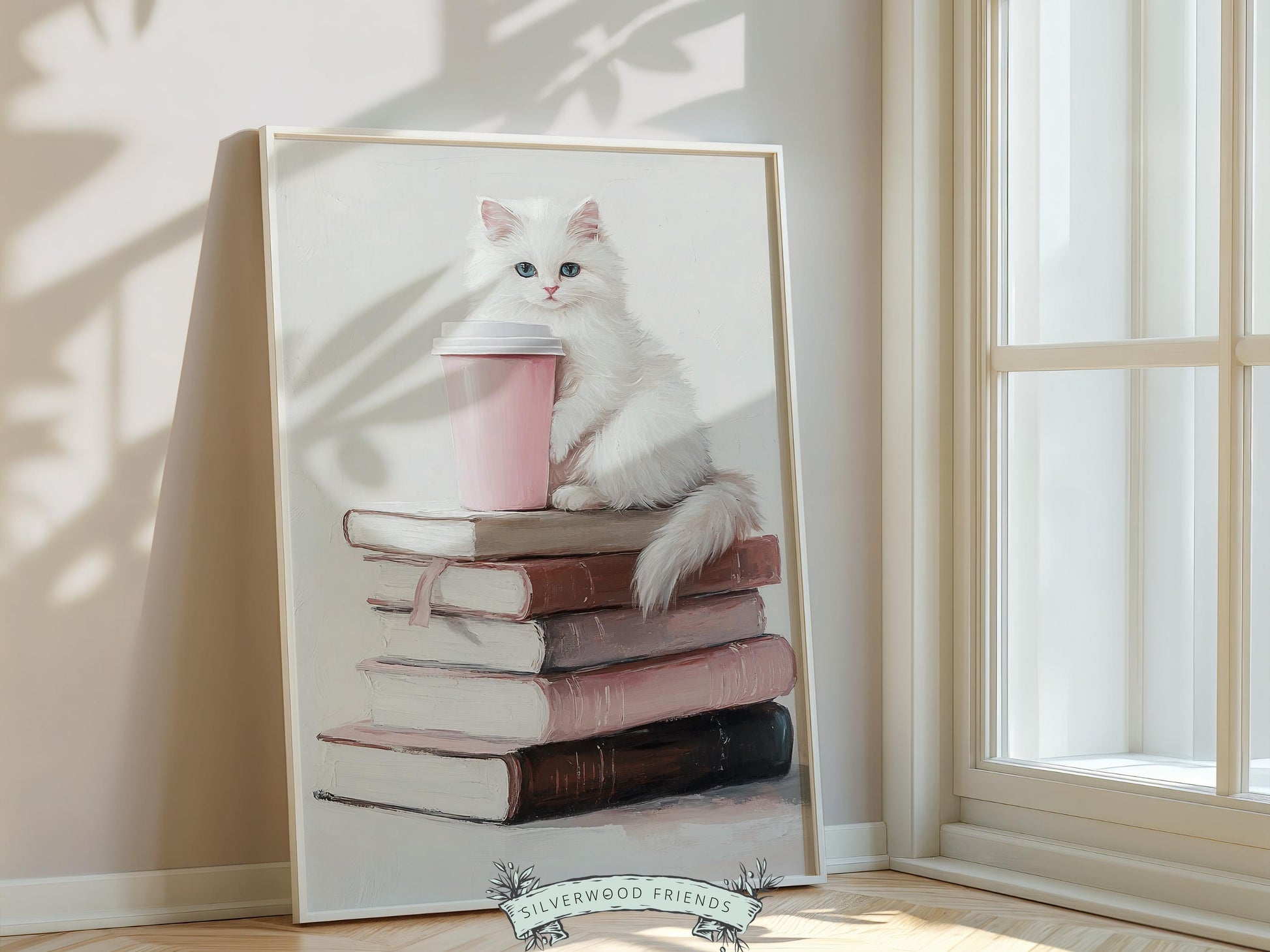 Cat Coffee Book Poster, Cat Painting Print, Pastel Book Nook Library Wall Art, Pink Girly Dorm Room Bookish Cat Coffee Decor Digital Print