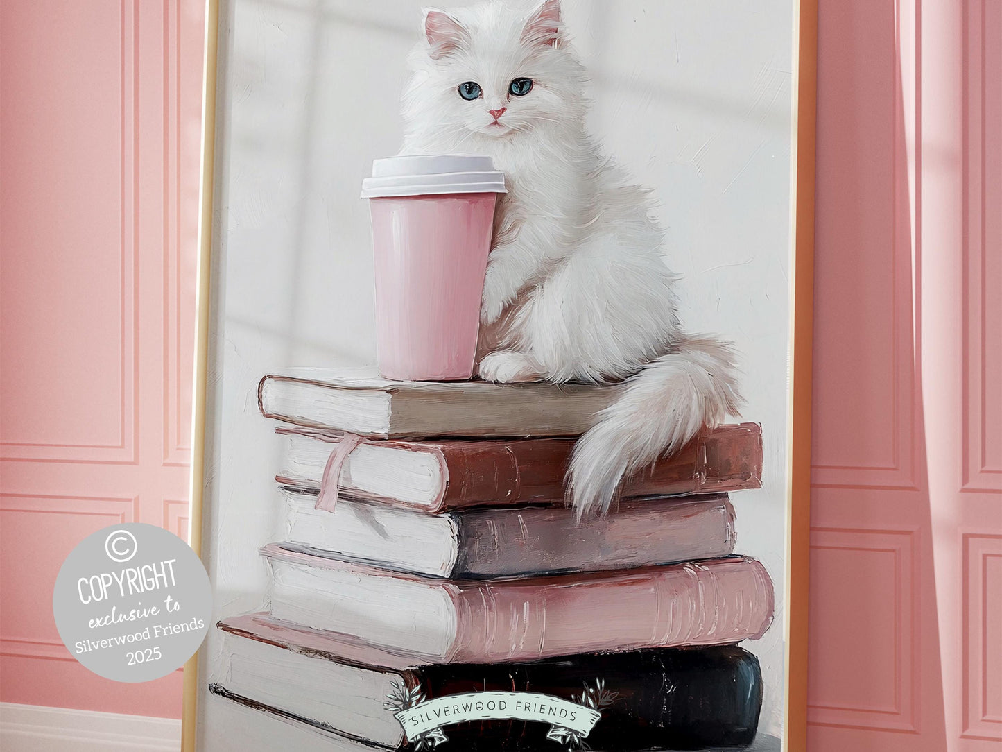 Cat Coffee Book Poster, Cat Painting Print, Pastel Book Nook Library Wall Art, Pink Girly Dorm Room Bookish Cat Coffee Decor Digital Print