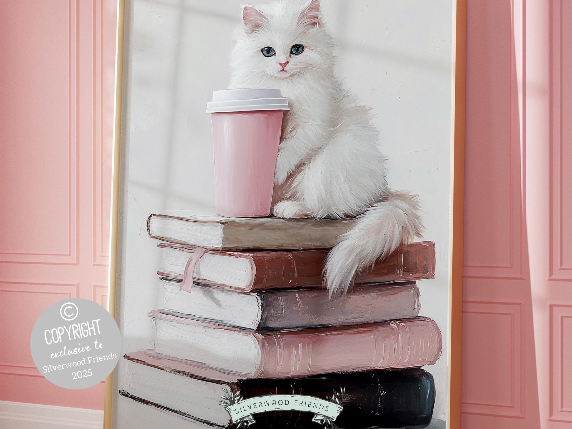 Cat Coffee Book Poster, Cat Painting Print, Pastel Book Nook Library Wall Art, Pink Girly Dorm Room Bookish Cat Coffee Decor Digital Print