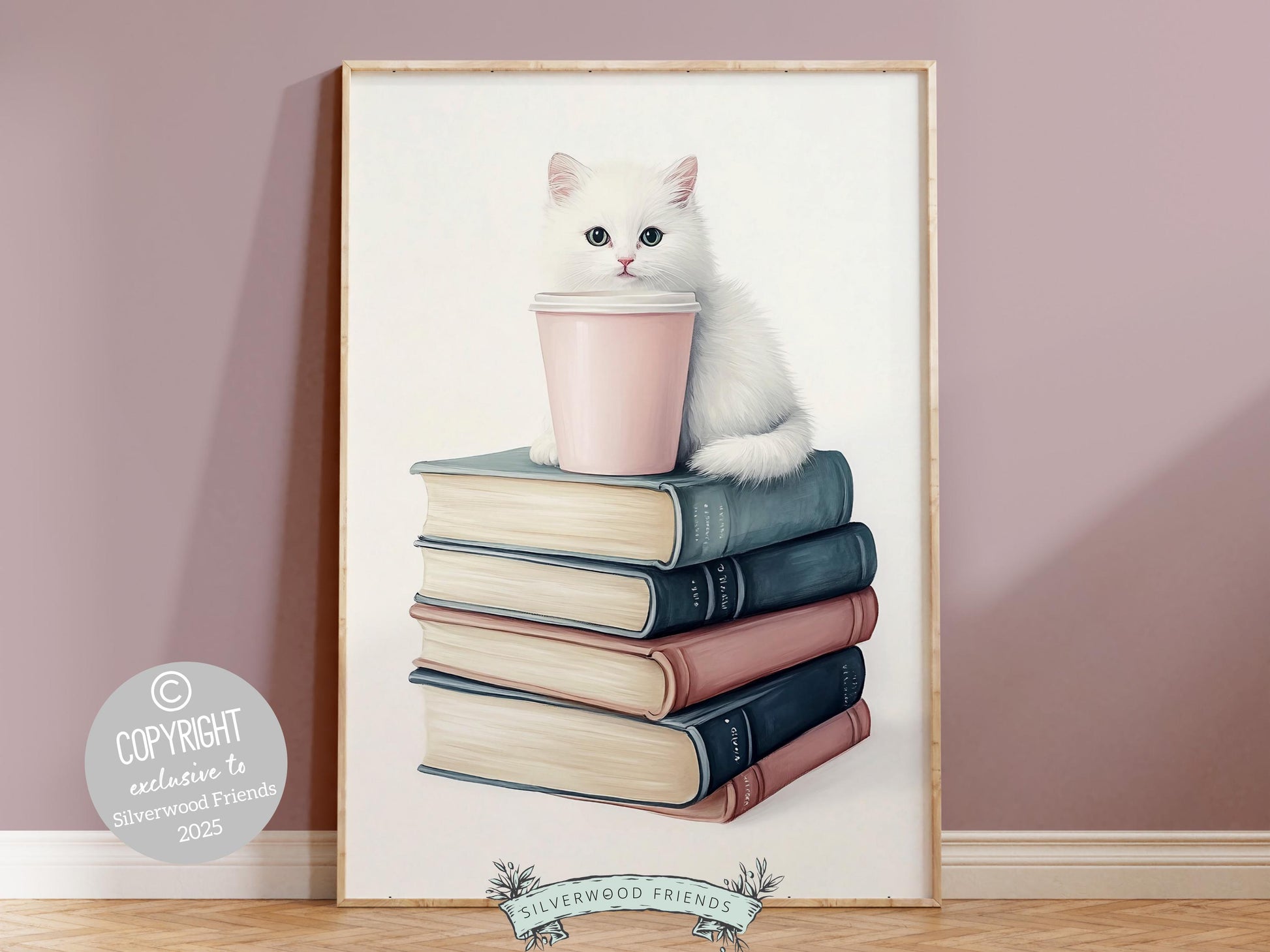 Cat Coffee Book Poster, Cat Painting Print, Pastel Book Nook Library Wall Art, Pink Girly Dorm Room Bookish Cat Coffee Decor Digital Print