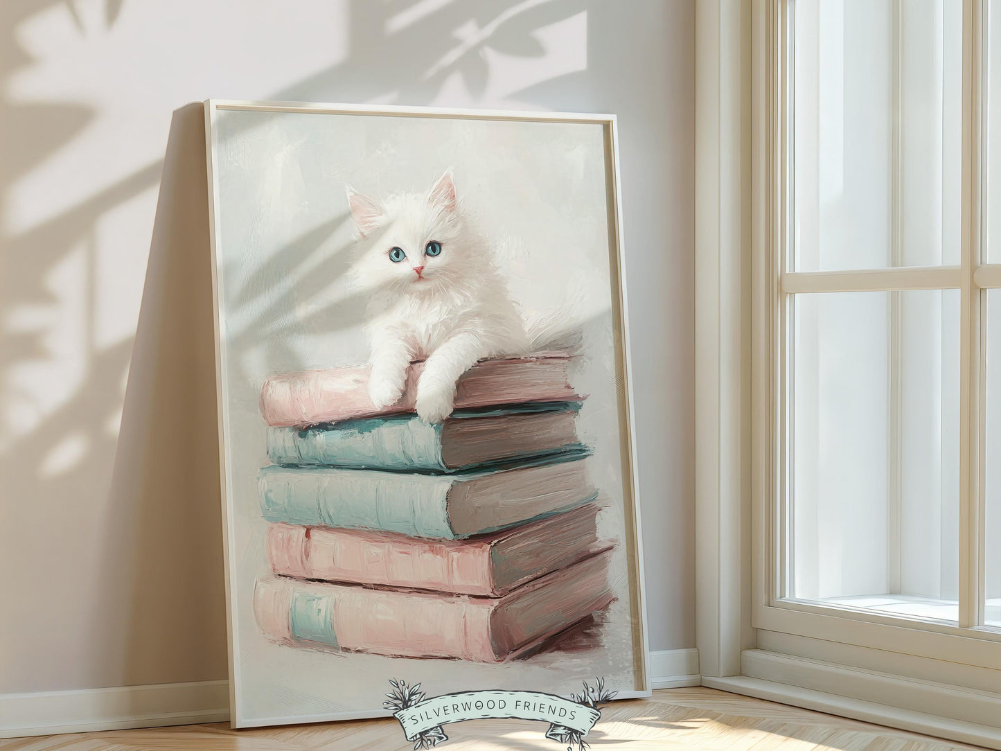 Cat Book Reading Poster, Cat Painting Print, Pastel Book Nook Library Wall Art, Pastel Pink Girly Dorm Room Bookish Cat Decor Digital Print