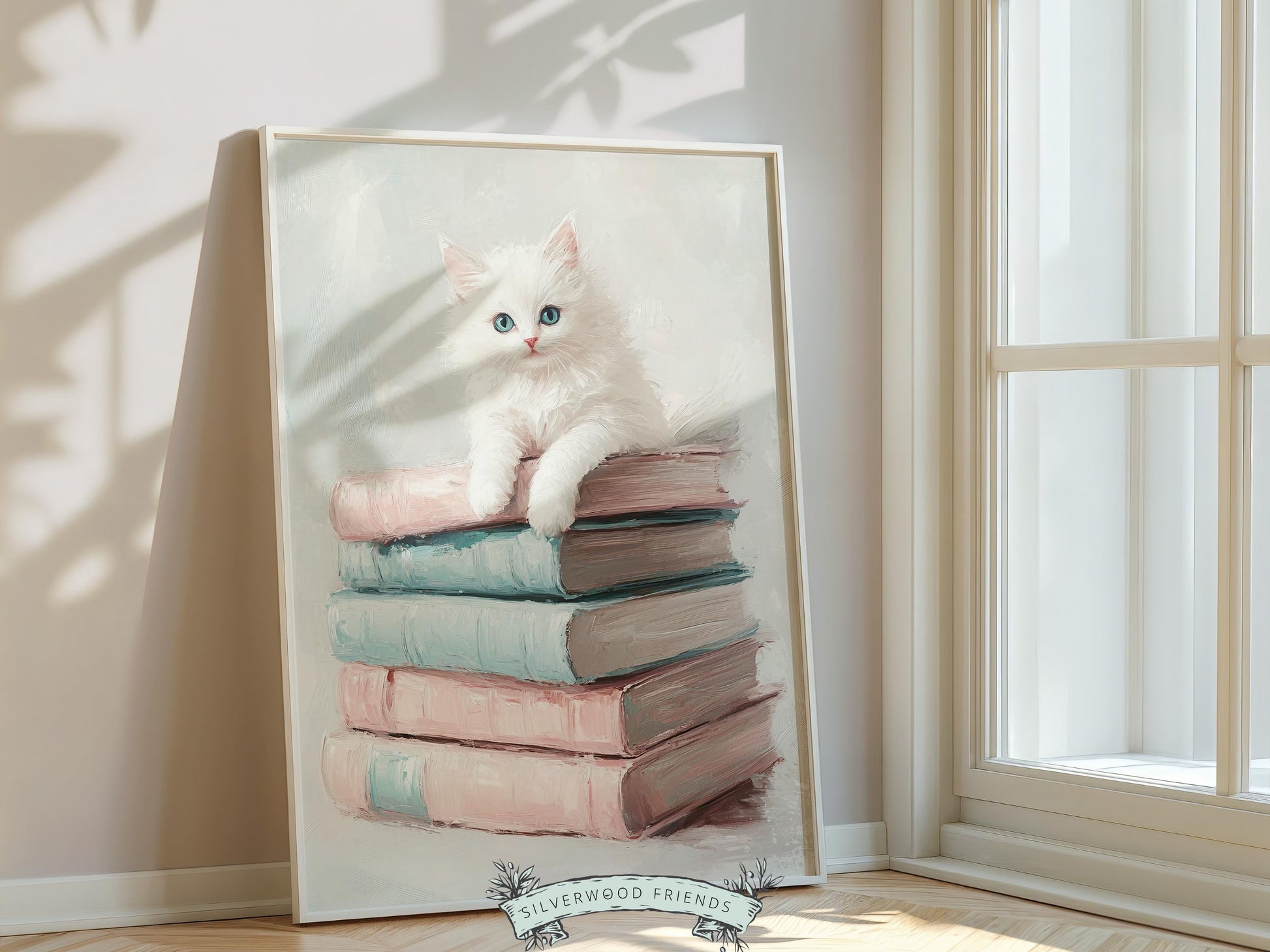 Cat Book Reading Poster, Cat Painting Print, Pastel Book Nook Library Wall Art, Pastel Pink Girly Dorm Room Bookish Cat Decor Digital Print