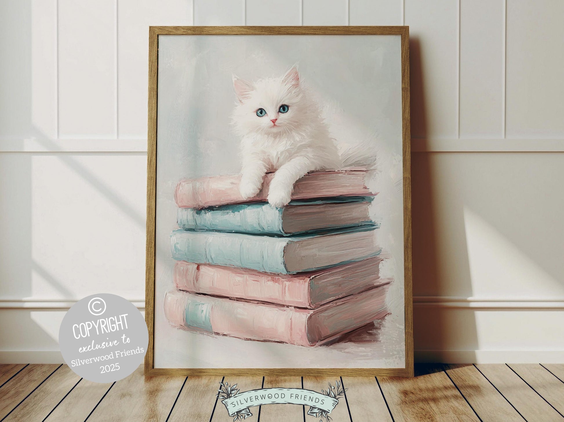Trendy pastel print, featuring a dreamy watercolor painting-style stack of pastel-colored books with white cat. Perfect for book lovers and cat lovers alike, it’s an ideal choice for decorating your reading nook or dorm