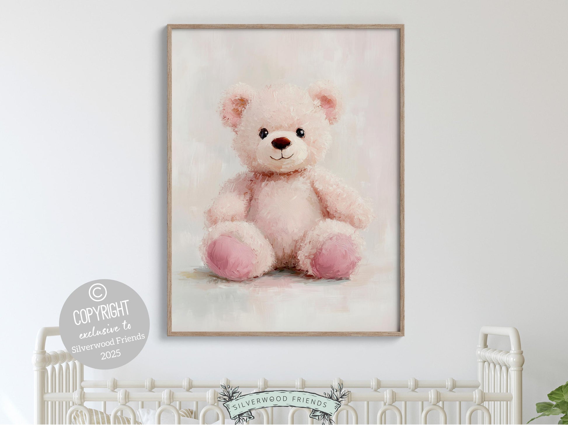 Teddy Bear Nursery Print, Baby Girl Pink Teddy Bear Nursery Decor, Neutral Teddy Bear Nursery Wall Art Watercolor Vintage Bear Digital Print