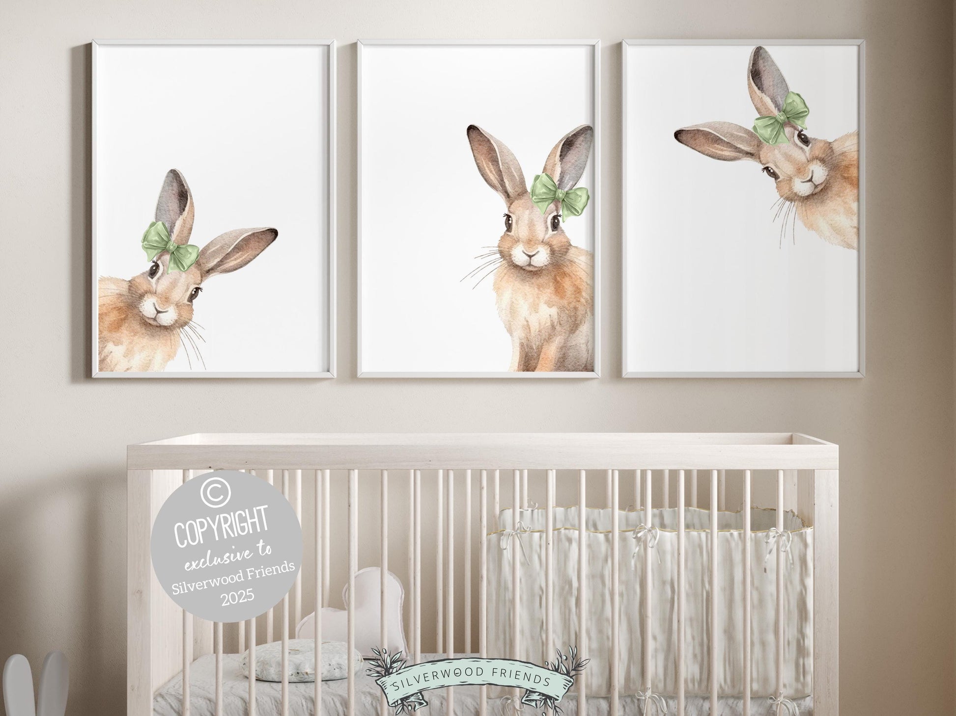 Bunny Nursery Prints, featuring sweet peeking bunnies adorned with delicate green bows. Perfect for creating a dreamy bunny-themed space, this charming artwork also makes a unique and heartfelt baby shower gift!