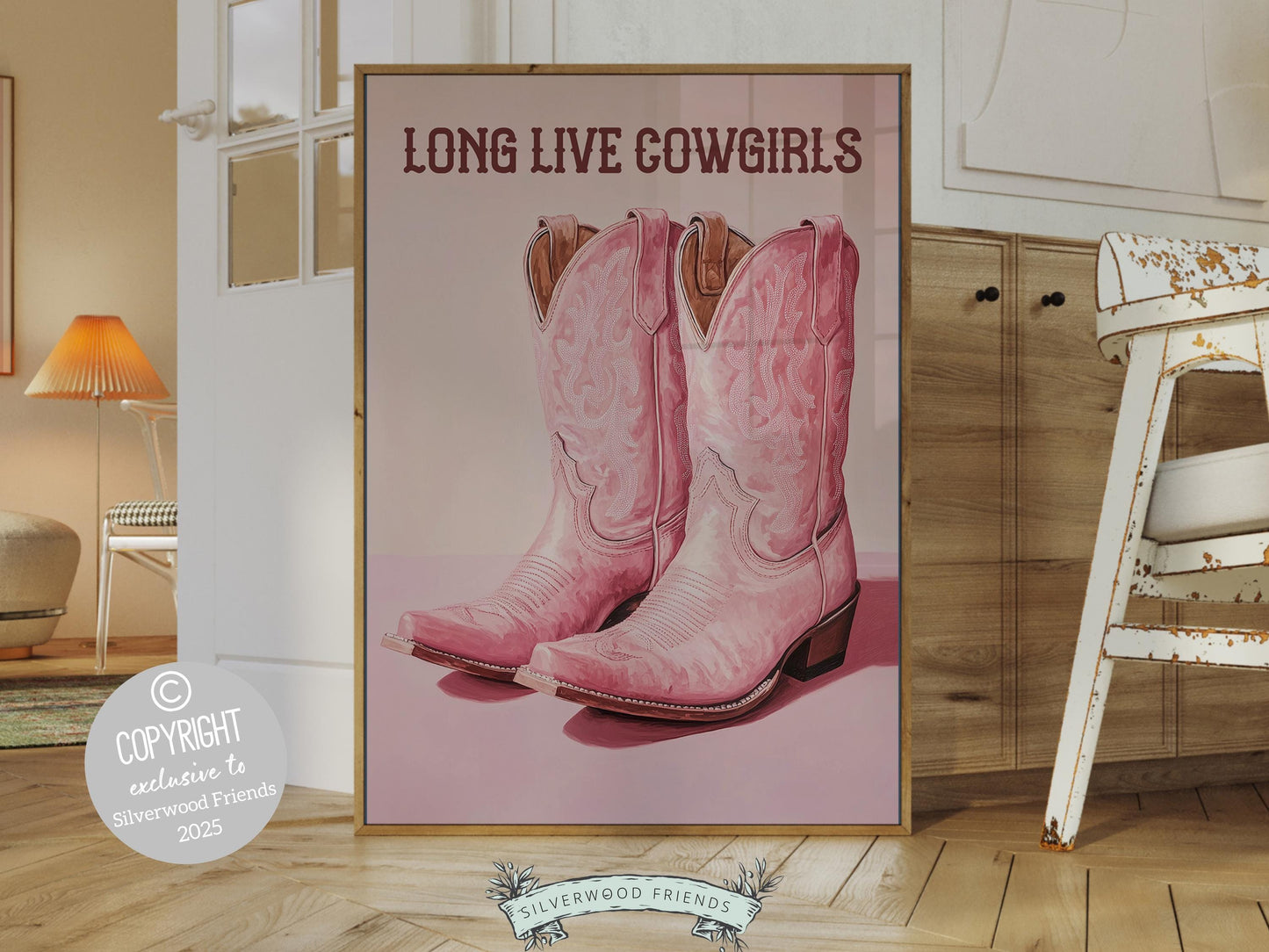 Cowgirl Boots Print, featuring soft pink and beige watercolor boots alongside the quote Long Live Cowgirls. Perfect for country themed decor, this stylish artwork makes a lovely addition to a nursery, teen room, or any cowgirl inspired space!
