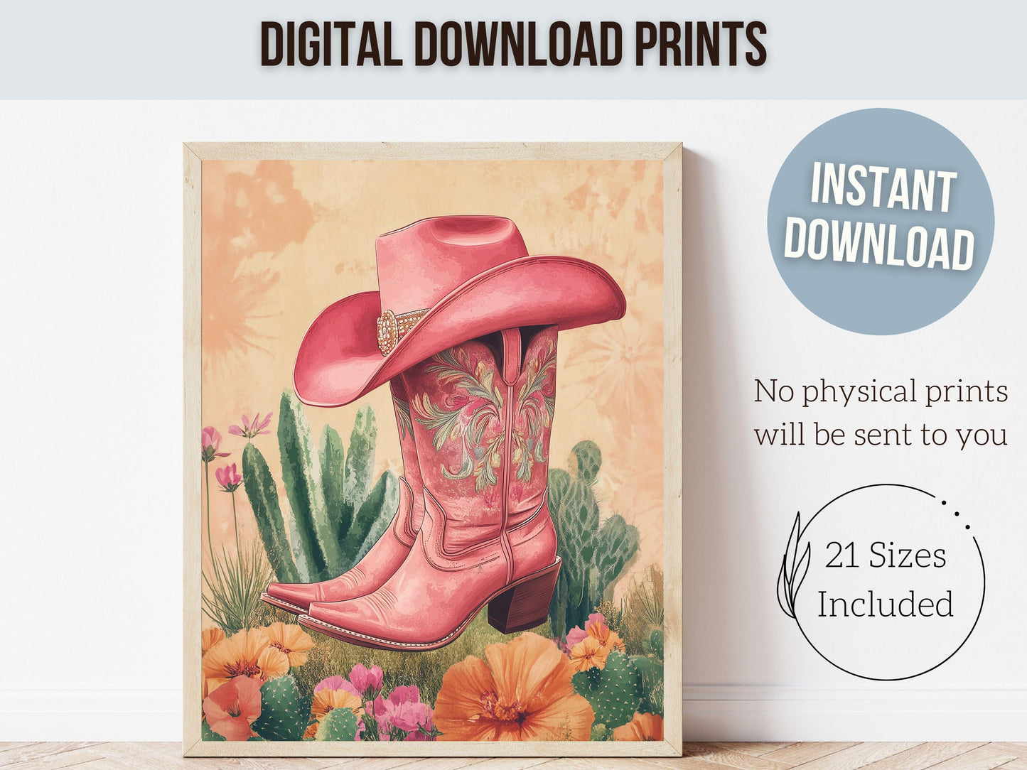 Pink Cowboy Boots Print, Pink Cowgirl Hat Print, Floral Country Cowgirl Nursery Print, Teen Girl Country Western Wall Decor Digital Print