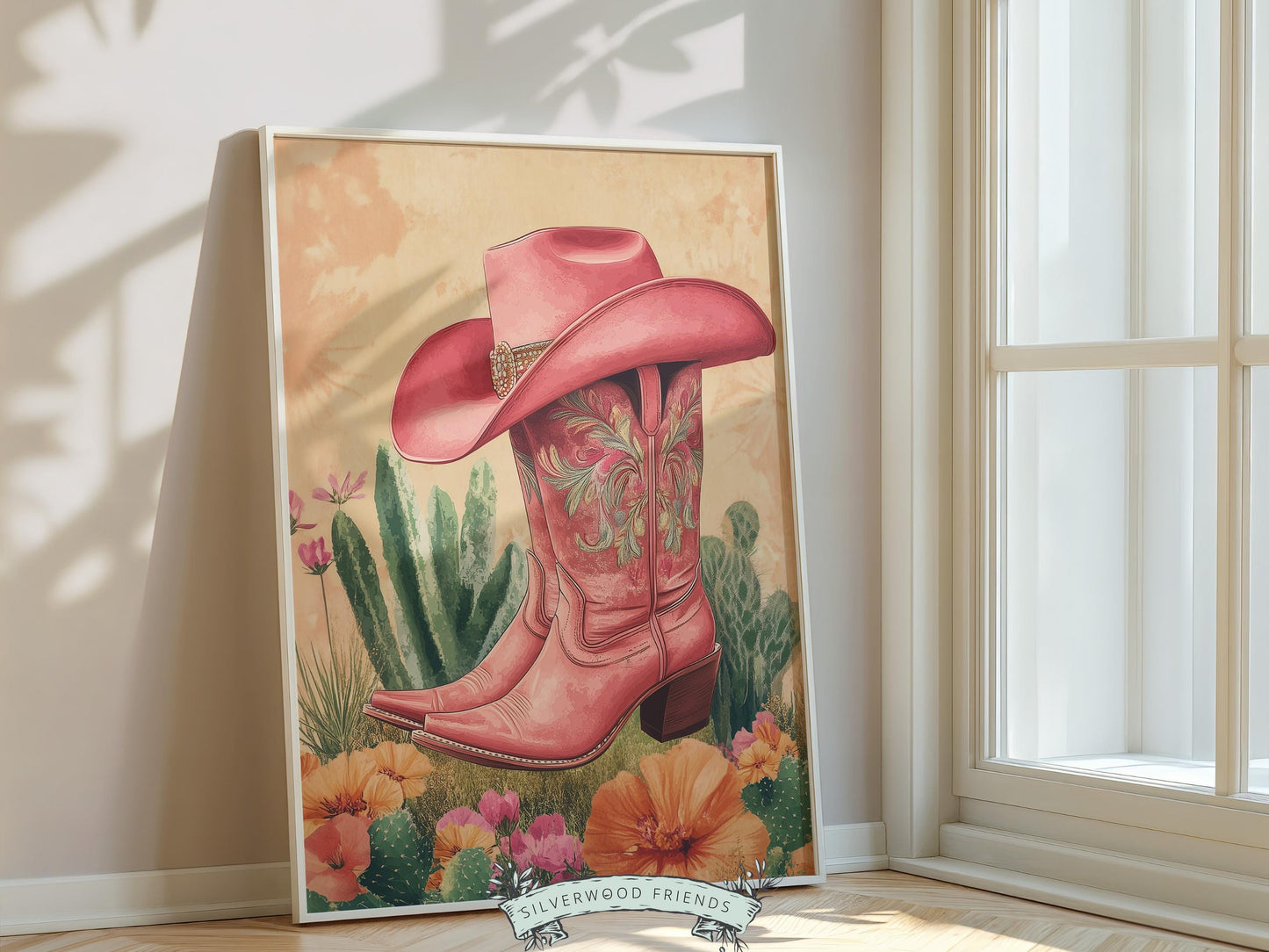 Pink Cowboy Boots Print, Pink Cowgirl Hat Print, Floral Country Cowgirl Nursery Print, Teen Girl Country Western Wall Decor Digital Print
