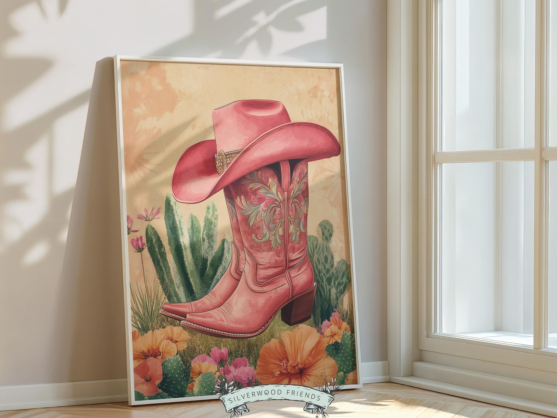 Pink Cowboy Boots Print, Pink Cowgirl Hat Print, Floral Country Cowgirl Nursery Print, Teen Girl Country Western Wall Decor Digital Print