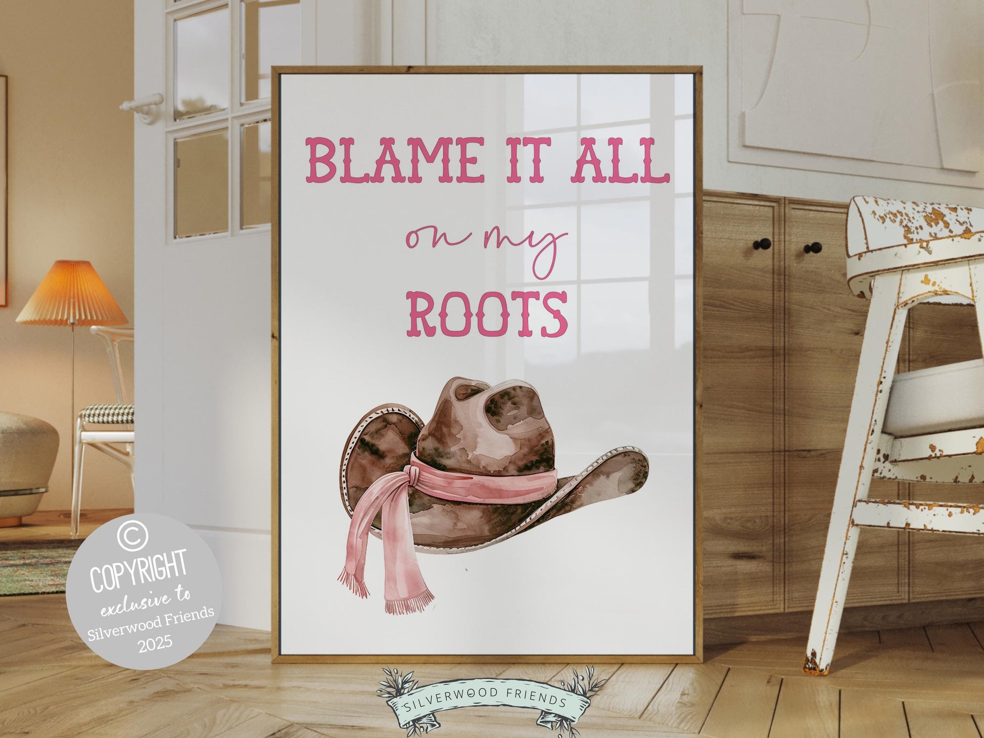Blame It All On My Roots Pink Cowgirl Hat Print, Cowgirl Nursery Print, Pink Western Wall Decor, Teen Girl Country Wall Decor Digital Print