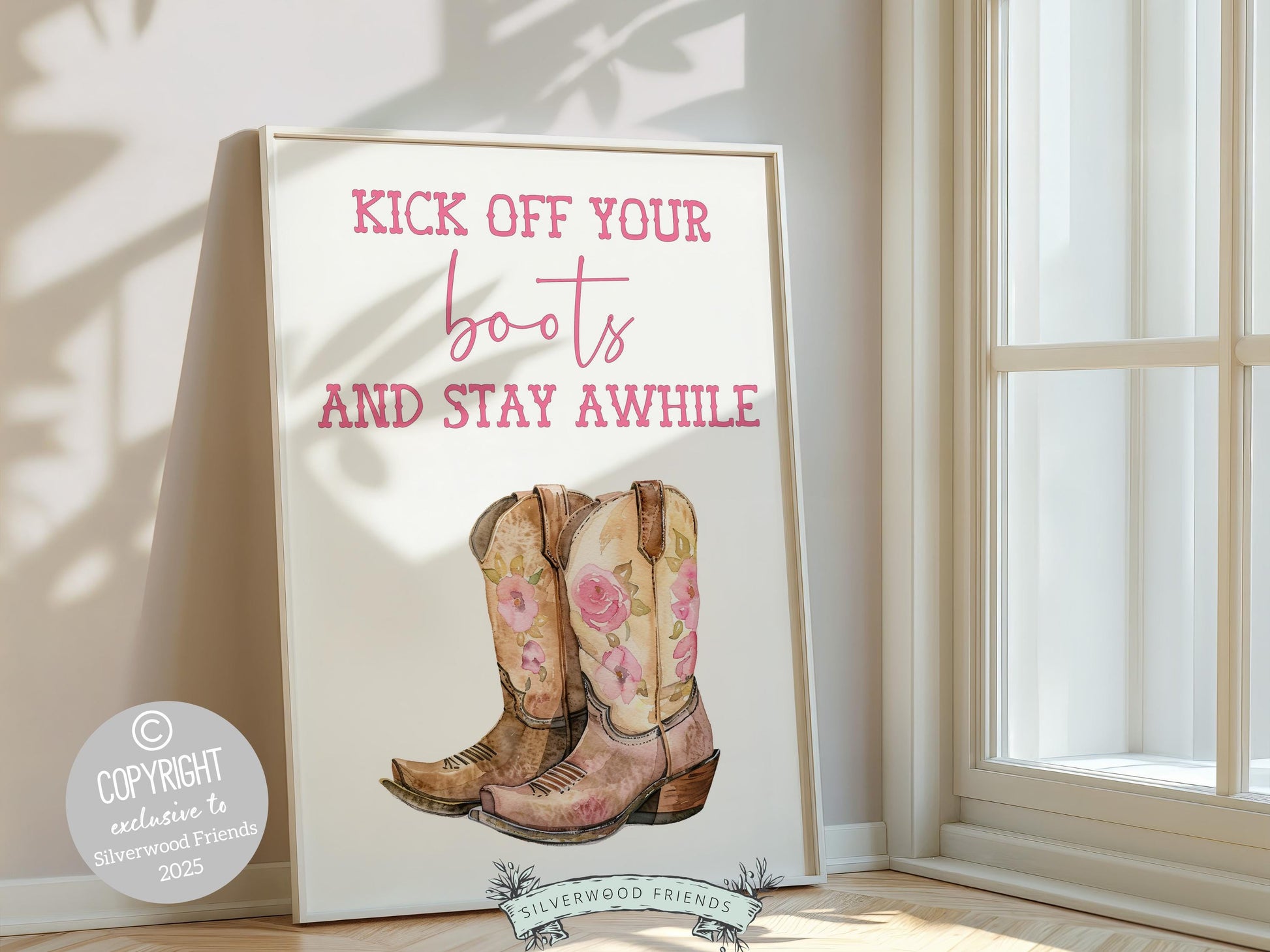 Pink Cowgirl Print, featuring cowgirl boots and quote Kick Off Your Boots and Stay Awhile. Perfect for country themed decor, this stylish artwork makes a lovely addition to a nursery, teen room, or any cowgirl inspired space!