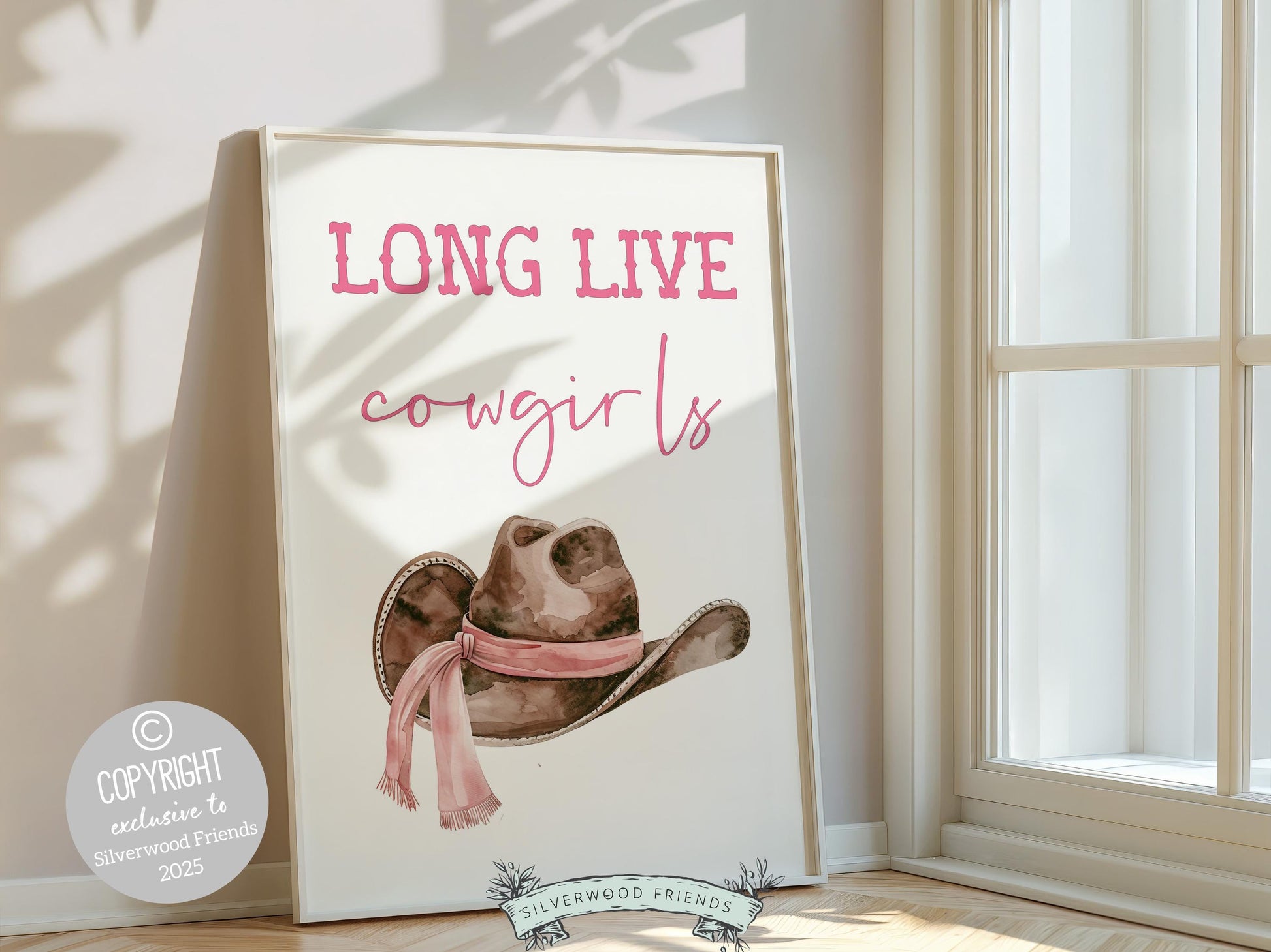 Pink Cowboy Hat Print, Long Live Cowgirls Print, Country Coastal Cowgirl Nursery Print, Teen Girl Country Western Wall Decor Digital Print