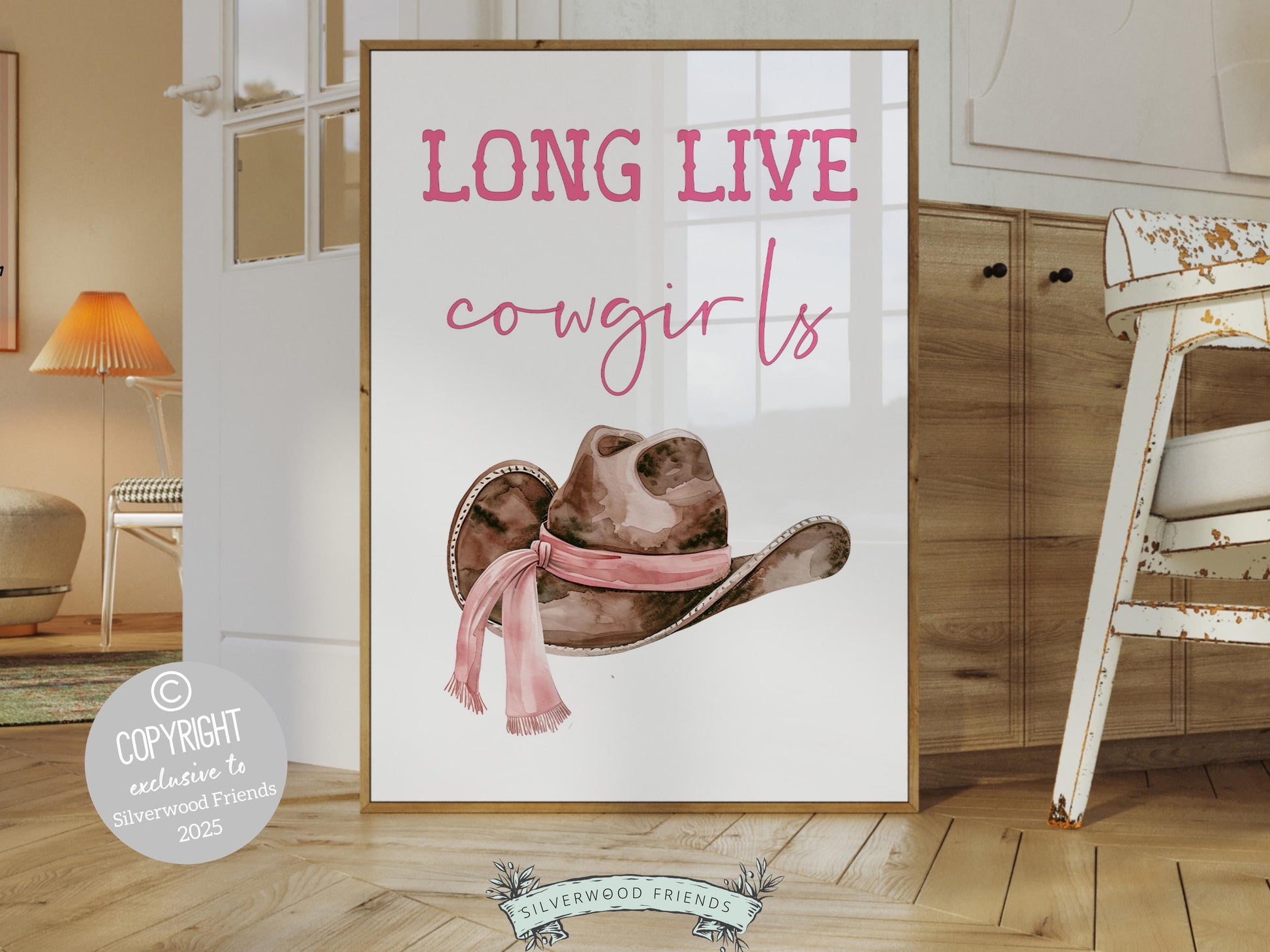 Pink Cowboy Hat Print, Long Live Cowgirls Print, Country Coastal Cowgirl Nursery Print, Teen Girl Country Western Wall Decor Digital Print