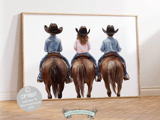 Cowboy Cowgirl Nursery Print, featuring adorable little cowboy brothers and their sister riding their trusty horses. Perfect for western themed decor and a thoughtful baby shower gift for horse loving families.