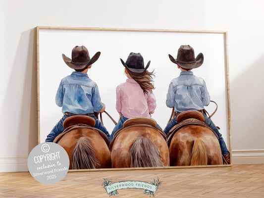 Cowboy Cowgirl Nursery Print, featuring adorable little cowboy brothers and their sister riding their trusty horses. Perfect for western themed decor and a thoughtful baby shower gift for horse loving families.