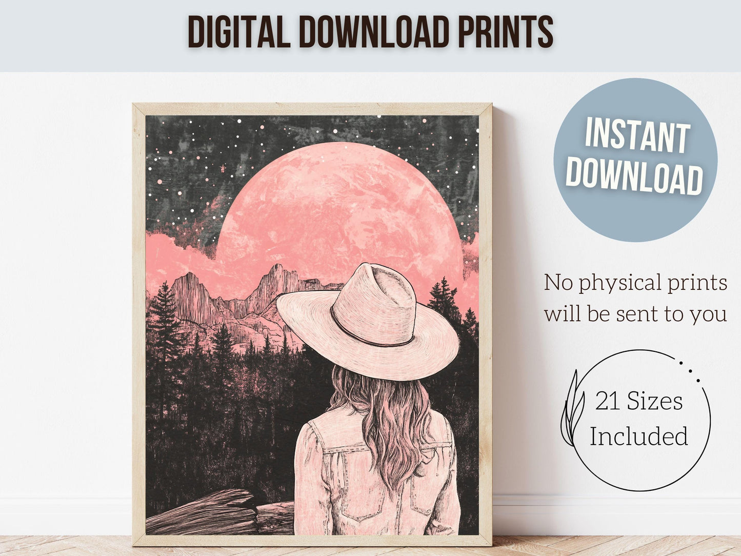 Cowgirl Print, Girl's Western Nursery Decor, Preppy Dorm Room Wall Decor, Moody South West Wall Art, Dopamine Decor, Full Moon Digital Print