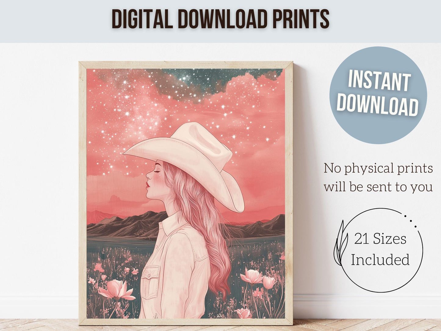 Pink Cowgirl Western Print, Nursery Wall Art, Preppy Dorm Room Wall Decor, Moody South West Wall Art, Dopamine Decor Full Moon Digital Print