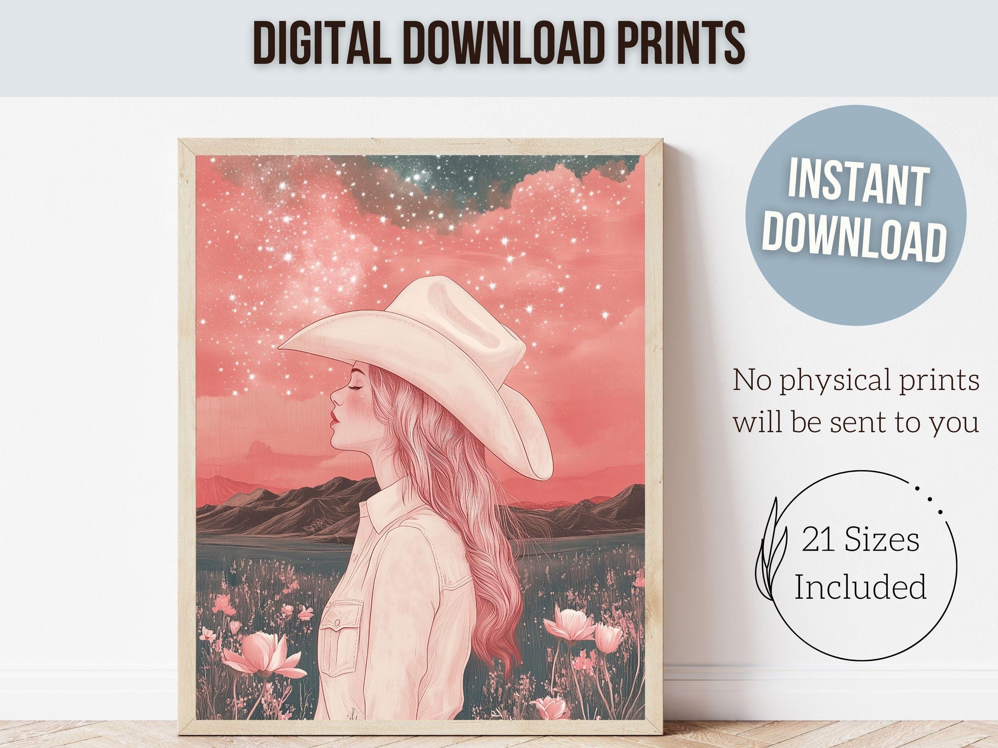 Pink Cowgirl Western Print, Nursery Wall Art, Preppy Dorm Room Wall Decor, Moody South West Wall Art, Dopamine Decor Full Moon Digital Print