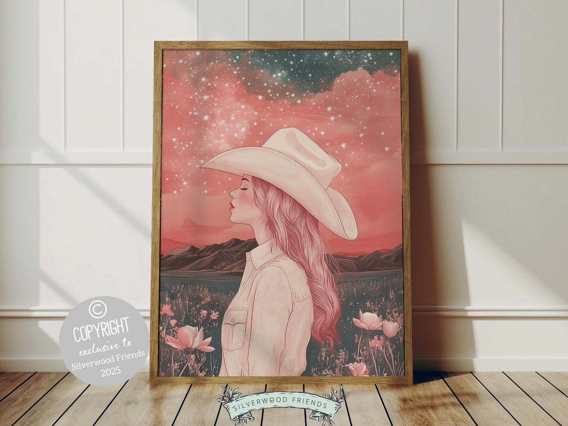 Pink Cowgirl Western Print, Nursery Wall Art, Preppy Dorm Room Wall Decor, Moody South West Wall Art, Dopamine Decor Full Moon Digital Print