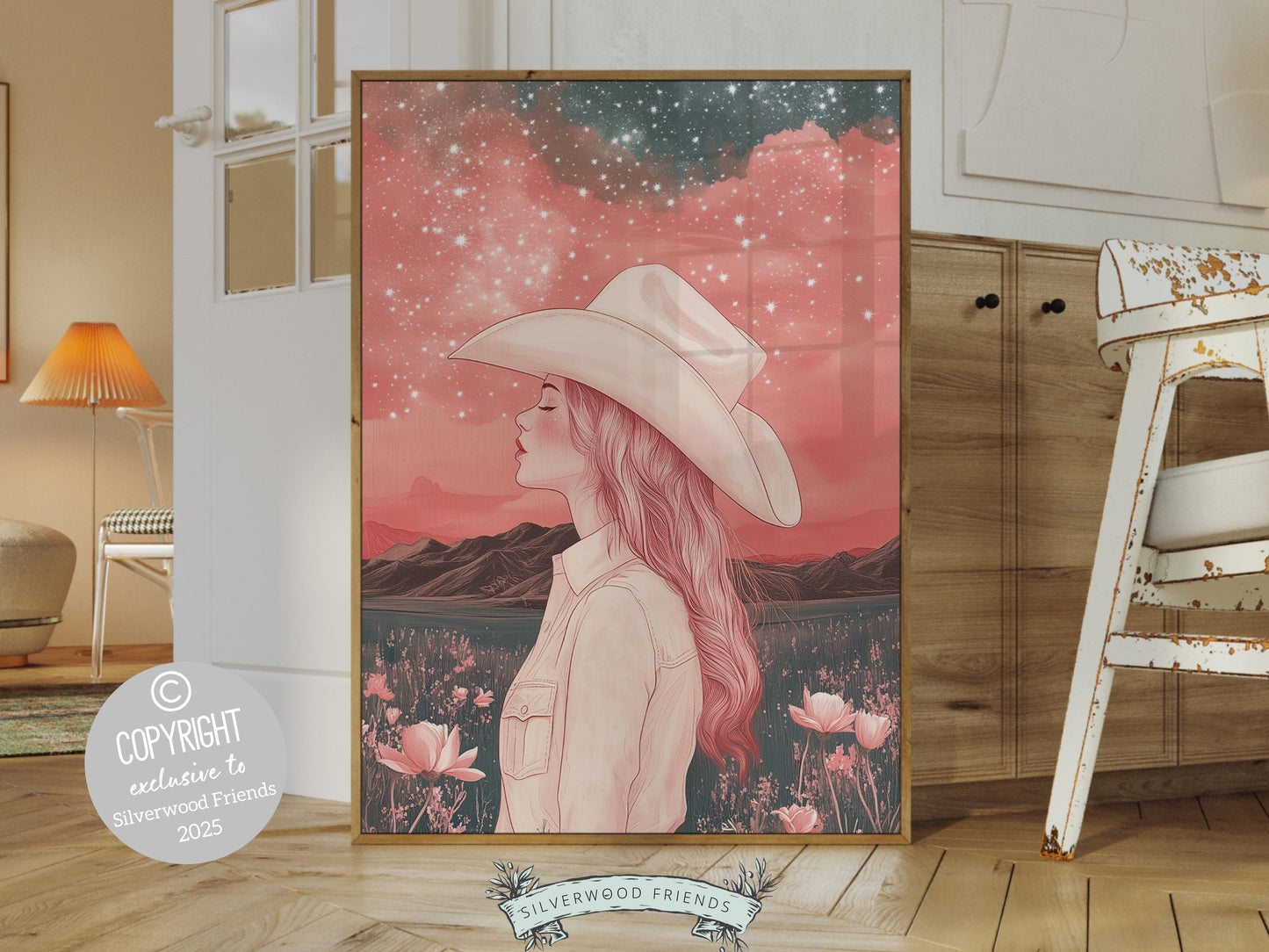 Pink Cowgirl Western Print, Nursery Wall Art, Preppy Dorm Room Wall Decor, Moody South West Wall Art, Dopamine Decor Full Moon Digital Print