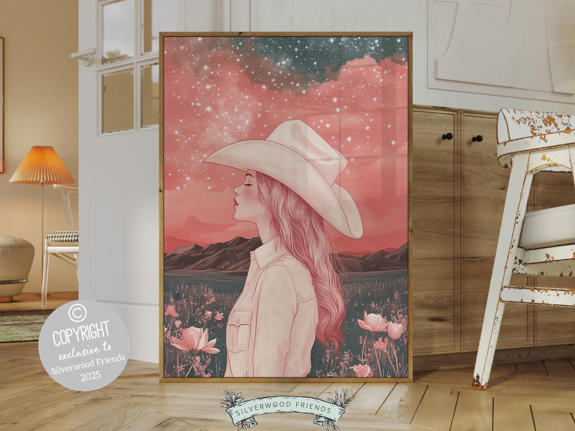 Pink Cowgirl Western Print, Nursery Wall Art, Preppy Dorm Room Wall Decor, Moody South West Wall Art, Dopamine Decor Full Moon Digital Print