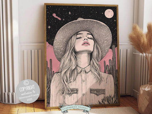 Cowgirl print, featuring a serene cowgirl soaking in the starry night sky. Designed in rich black and pink tones, this artwork adds a dreamy touch to any southwestern nursery, dorm room, or as a unique gift for cowgirl friends and western lovers!