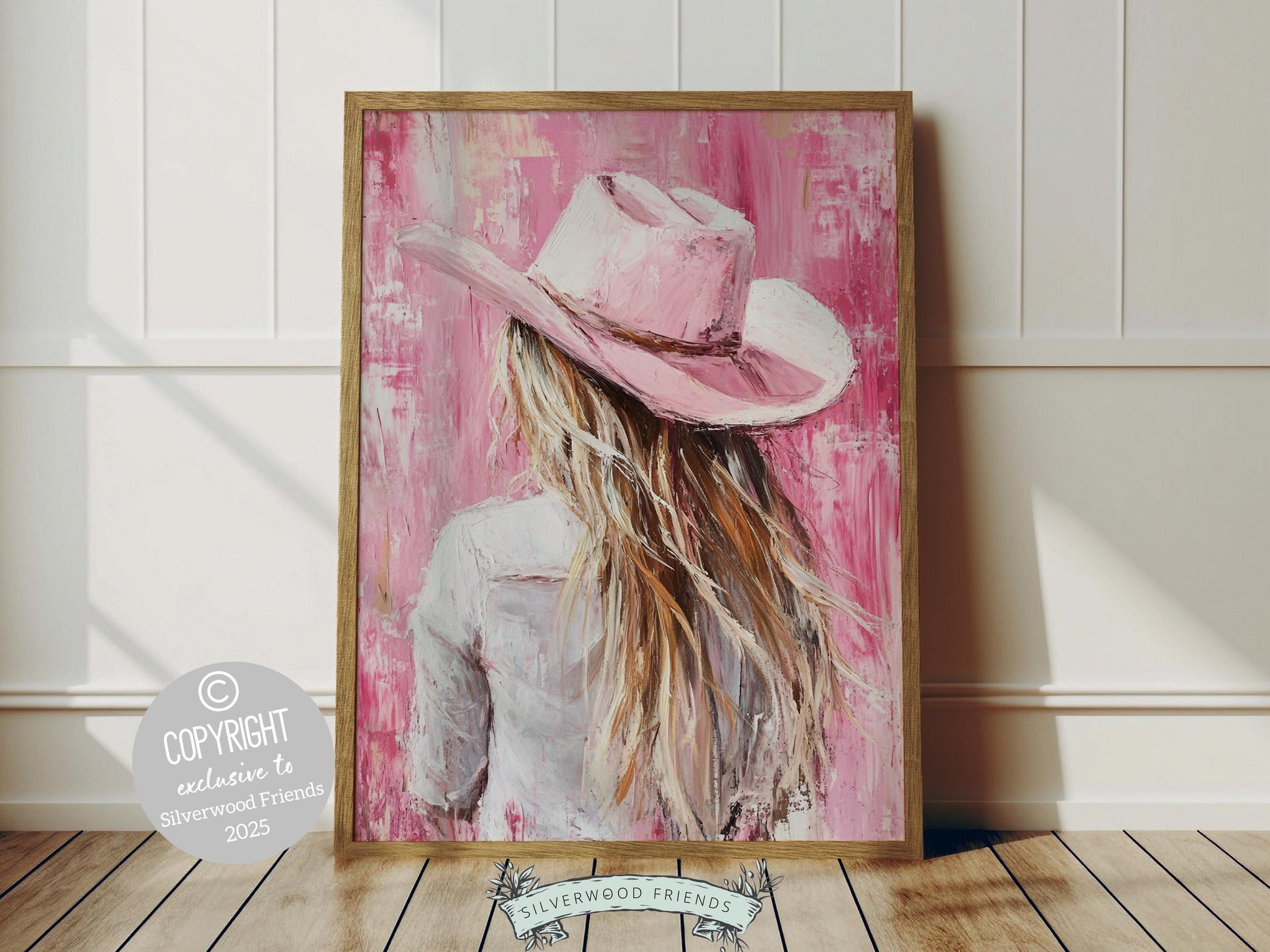 Cowgirl print, featuring a lone cowgirl gazing away. Designed in watercolor pink tones, this artwork is perfect for a southwestern nursery, dorm room, or as a unique gift for any cowgirl at heart!