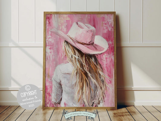 Cowgirl print, featuring a lone cowgirl gazing away. Designed in watercolor pink tones, this artwork is perfect for a southwestern nursery, dorm room, or as a unique gift for any cowgirl at heart!