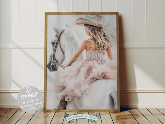 Immerse yourself in the timeless bond between cowgirl and horse with our enchanting print, featuring a cowgirl riding her white horse. Perfect for a cowgirl nursery or any western-themed space, this artwork adds a touch of rustic charm to your decor.