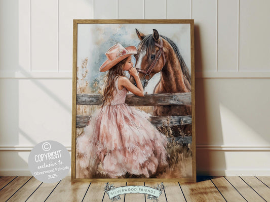 Celebrate the special bond between cowgirl and horse with this enchanting watercolor print, capturing a heartfelt moment between a girl and her beloved horse. Perfect for horse themed decor or any western space, this artwork makes a unique and thoughtful gift for horse lovers and equestrian enthusiasts!