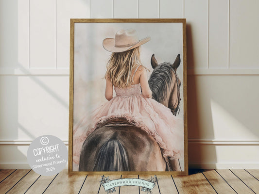 Immerse yourself in the timeless bond between cowgirl and horse with our enchanting watercolor print, featuring a blonde cowgirl riding her brown horse. Perfect for a cowgirl nursery or any western themed space, this artwork adds a touch of rustic charm to your decor and makes a unique baby shower gift for horse lovers!