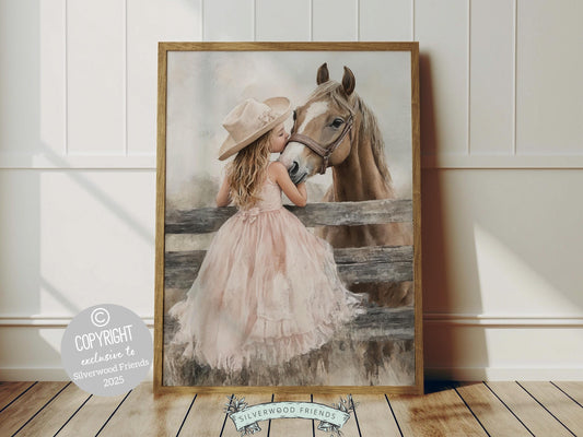Experience the heartfelt bond between cowgirl and horse with this enchanting watercolor print, capturing a tender moment between a little cowgirl and her beloved horse. Perfect for horse-themed decor or any western space, this artwork makes a unique and meaningful gift for horse lovers.