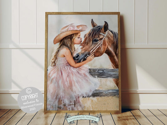 Immerse yourself in the timeless bond between cowgirl and horse with our enchanting watercolor print, depicting a cowgirl with her beloved horse. Ideal for horse-themed decor or any western space, this artwork makes a unique and meaningful gift for equestrian enthusiasts and horse lovers alike!