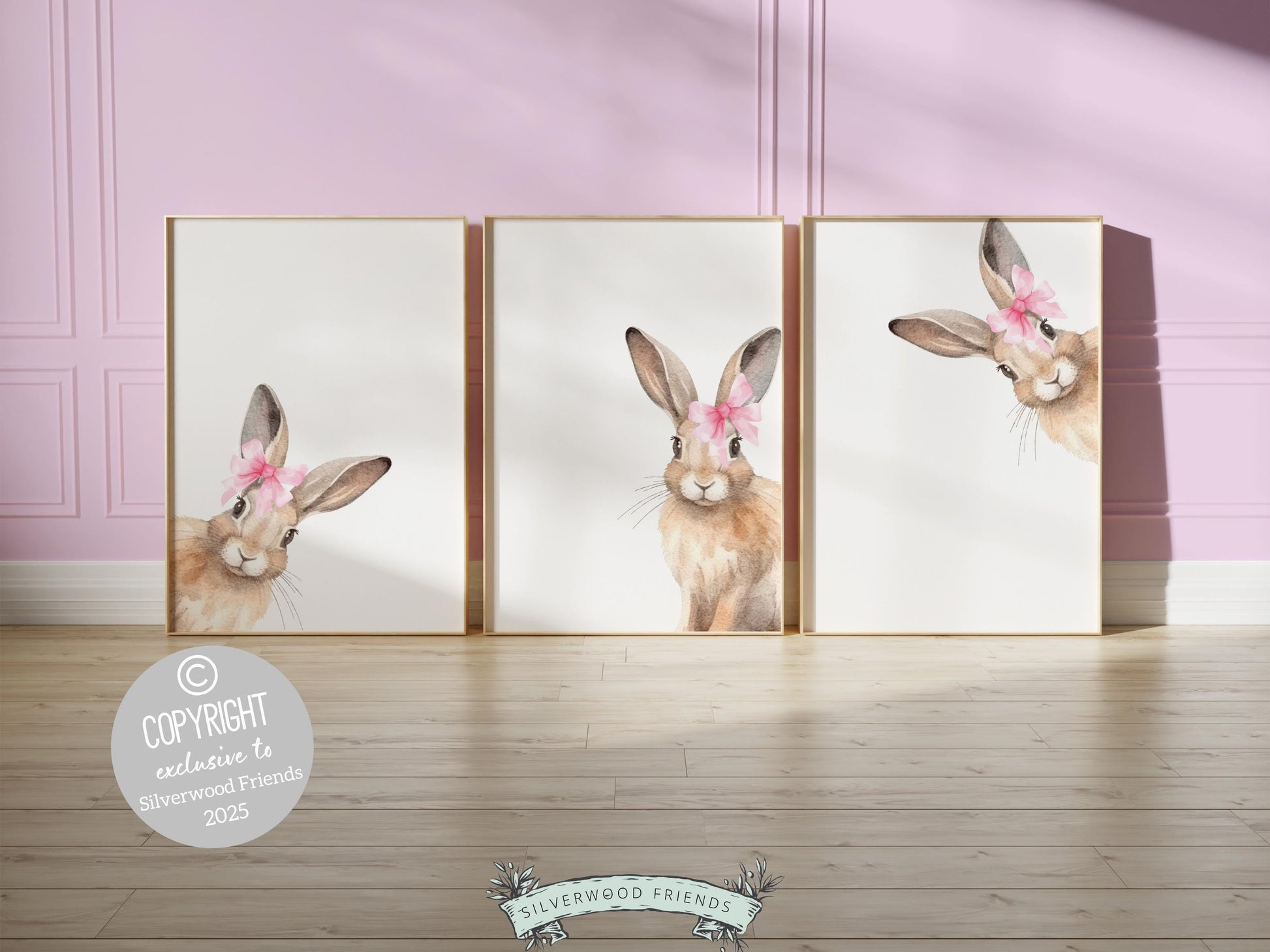 Peeking Bunny Nursery Prints, Baby Girl Woodland Animal Bunny Nursery Decor, Baby Girl Pink Bunny Rabbit Bow Nursery Wall Art Digital Prints