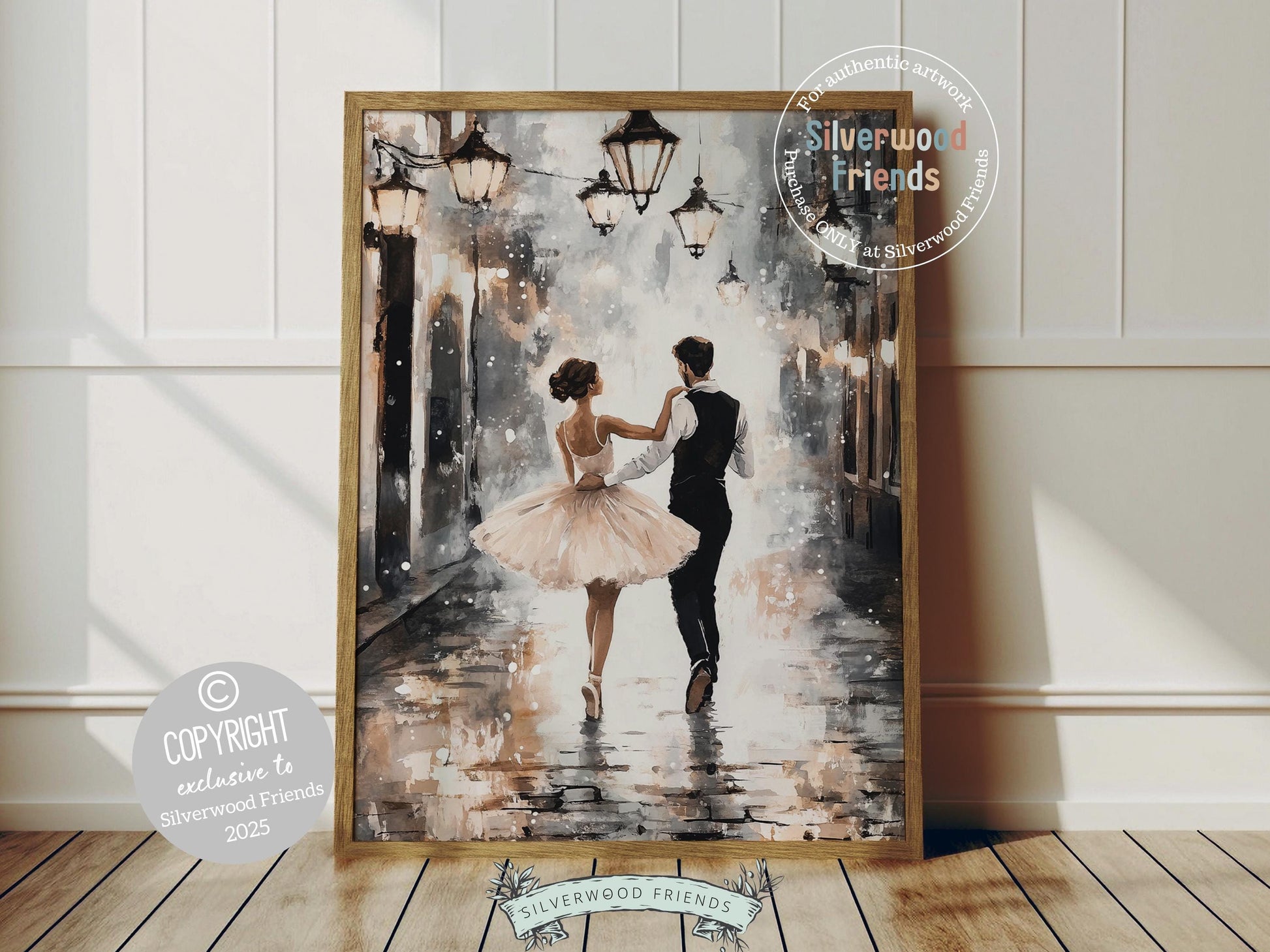 Celebrate love and romance with this enchanting ballet print, capturing a magical moment as a graceful ballerina dances with her partner beneath twinkling fairy lights. A perfect gift for Valentine&#39;s Day, Christmas, or a heartfelt housewarming present for couples, this dreamy artwork adds timeless elegance and whimsical charm to any space all year round!