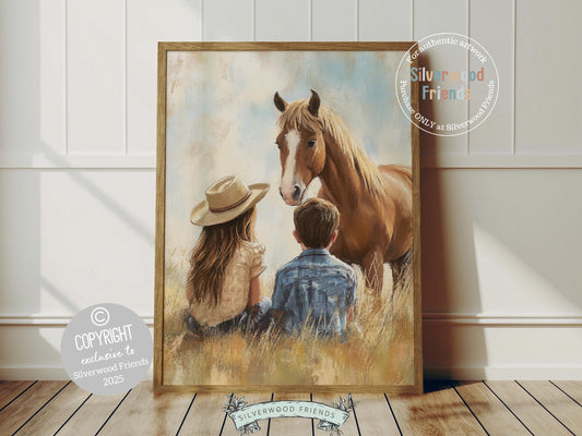 Infuse your space with rustic charm with our Cowboy Nursery Print, showcasing a cowboy and cowgirl sibling duo sitting in a paddock, admiring their beloved brown horse. Perfect for western nurseries, rustic farmhouse decor, or as a heartfelt baby shower gift for horse loving families.