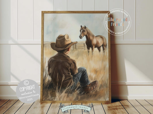 Add a touch of rustic charm to any western themed space with our Cowboy Nursery Print, featuring a sweet little cowboy sitting in a paddock, admiring his beloved brown horse. Perfect for western nurseries, rustic farmhouse decor, or as a heartfelt baby shower gift for horse loving families.