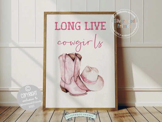 Add a touch of western charm to your space with our Cowgirl Print, featuring a watercolor cowgirl hat and boots alongside the quote Long Live Cowgirls. Perfect for country themed decor, this stylish artwork makes a lovely addition to a nursery, teen room, or any cowgirl inspired space!