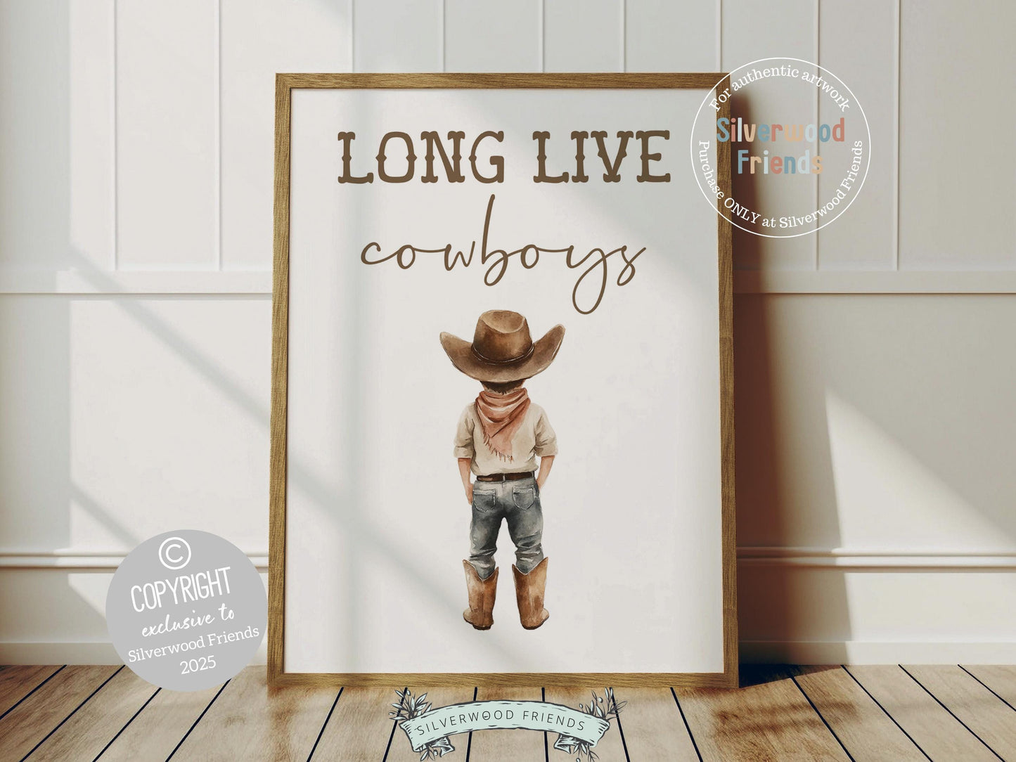 Add a touch of rustic charm to your baby boy&#39;s nursery with our Cowboy Nursery Print, featuring an adorable little watercolor cowboy and the quote Long Live Cowboys. Perfect for western themed decor and a thoughtful baby shower gift for horse loving families.