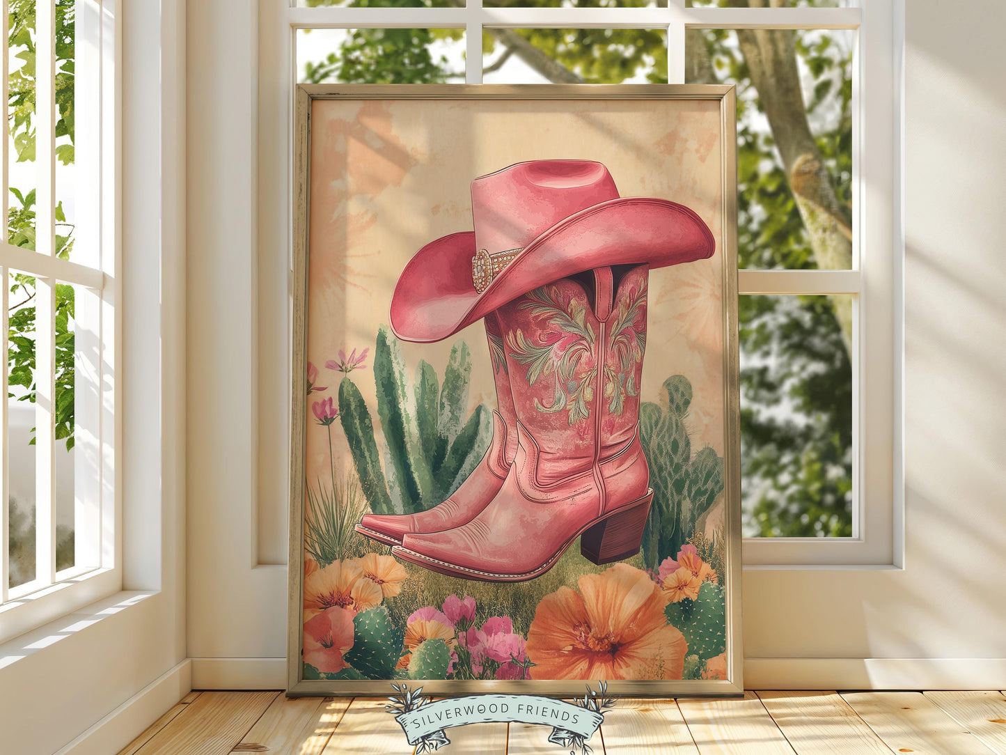 Pink Cowboy Boots Print, Pink Cowgirl Hat Print, Floral Country Cowgirl Nursery Print, Teen Girl Country Western Wall Decor Digital Print